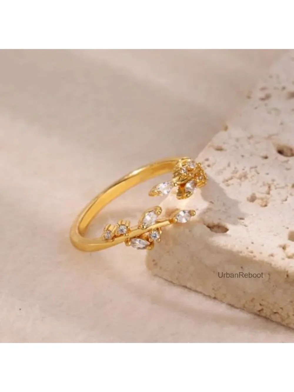 Gold Plated Leaf Stackable Ring Adjustable Tarnish Resistant Women's Jewelry
